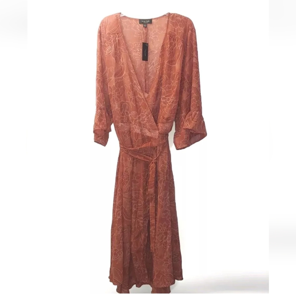 Arna York Viola Wrap Maxi Dress Batik Blooms Sheer Fall Floral Sz 6X 30/32W Nwt